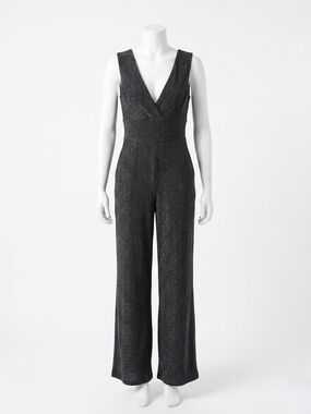 NWT BCBG Black Metallic Shimmer Sparkle V-Neck Wide-Leg Jumpsuit Size Small